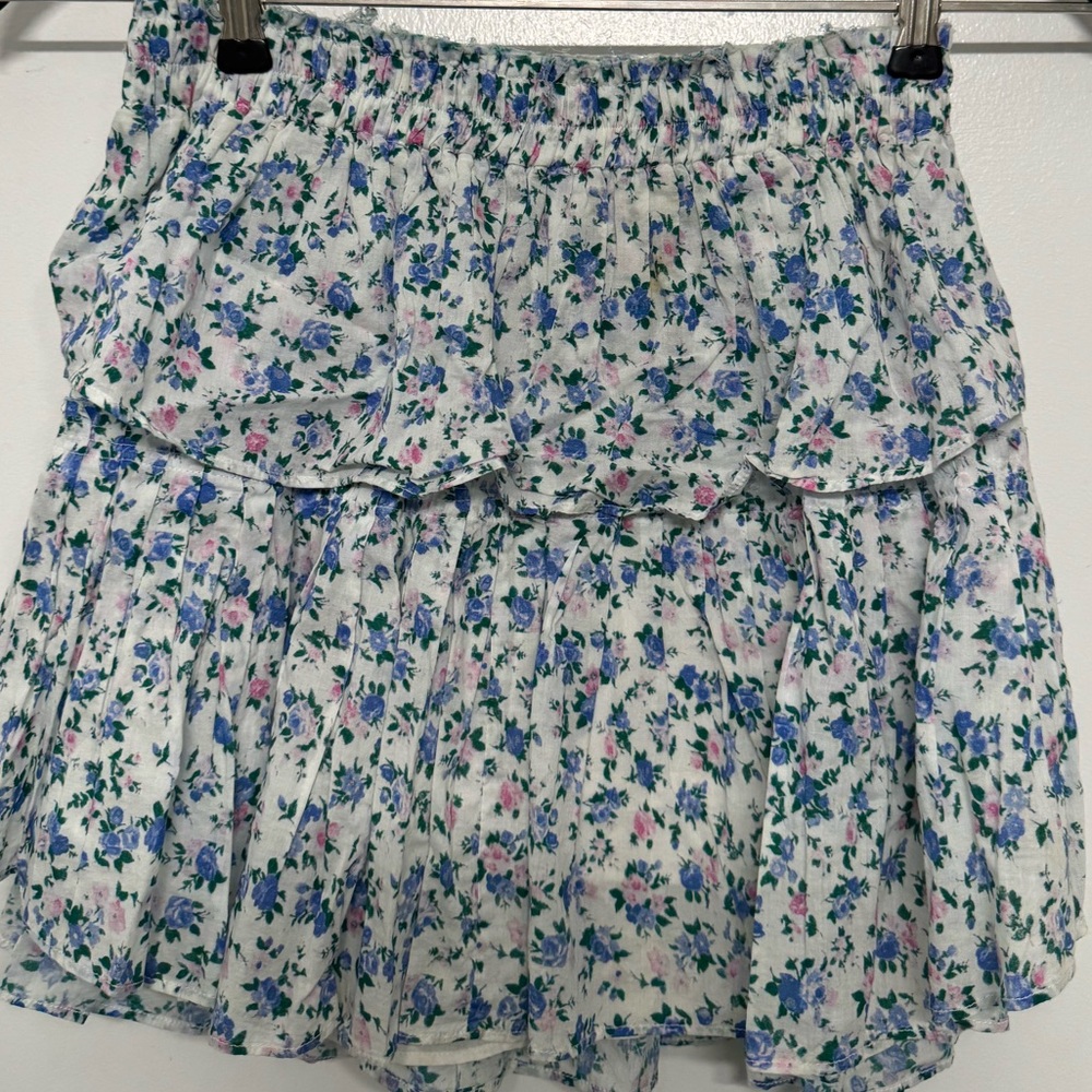 LoveShackFancy Blue and Pink Floral Mini Skirt